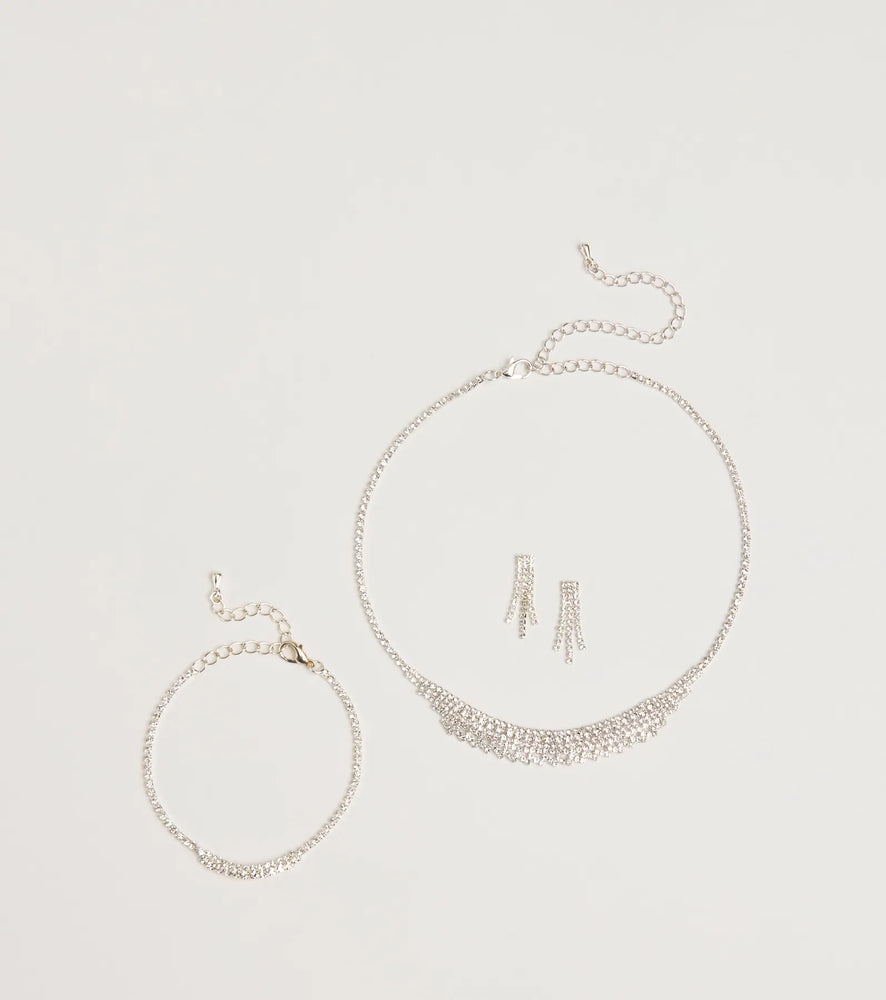 Luxe Rhinestone Necklace, Earrings, And Bracelet Set in Silver