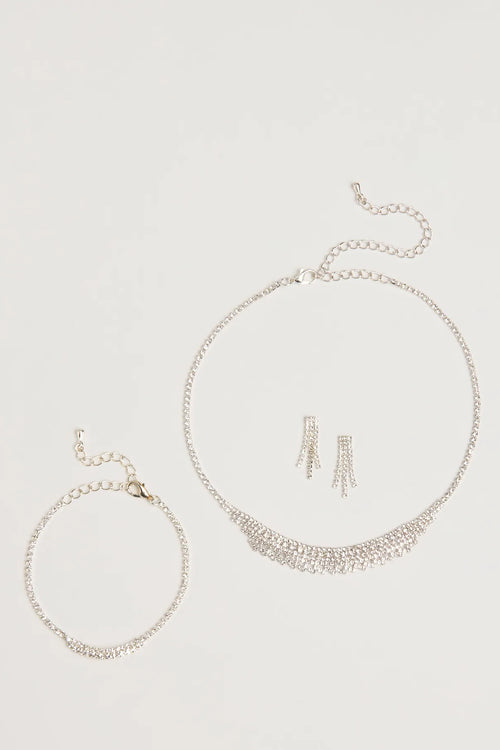 Luxe Rhinestone Necklace, Earrings, And Bracelet Set in Silver