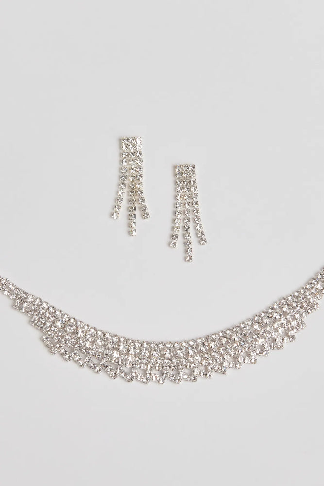 Luxe Rhinestone Necklace, Earrings, And Bracelet Set in Silver