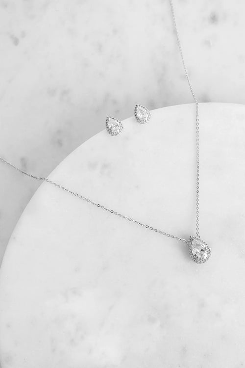Cubic Zirconia Teardrop Necklace And Studs in Silver