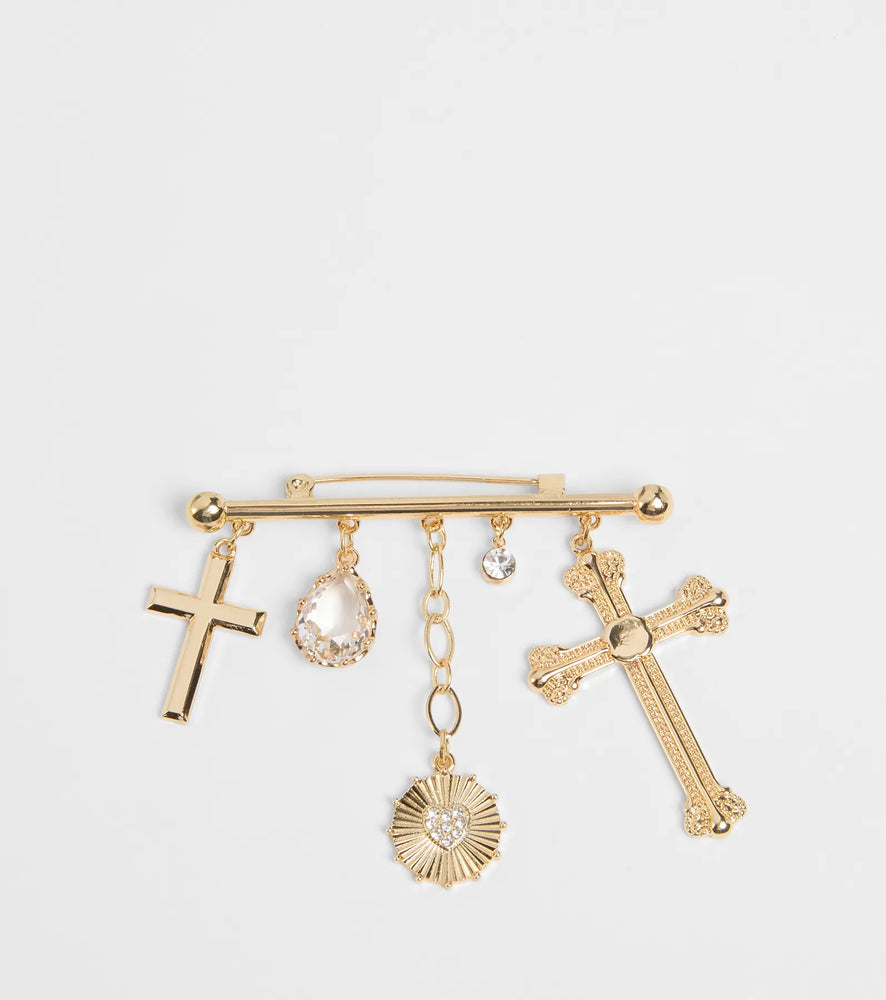 Glorious Perfection Cross Rhinestone Charm Brooch in Gold