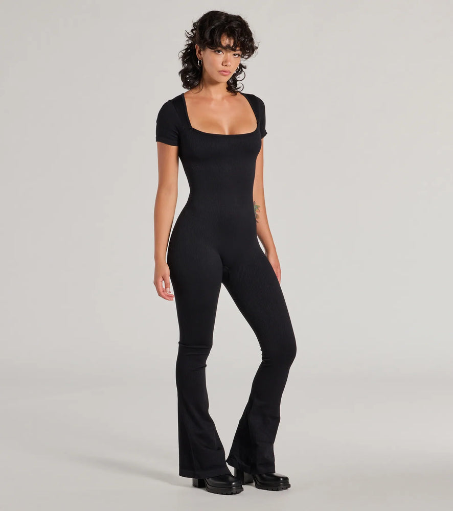 Windsor Stylish Strut Seamless Knit Flared Leg Catsuit in Black