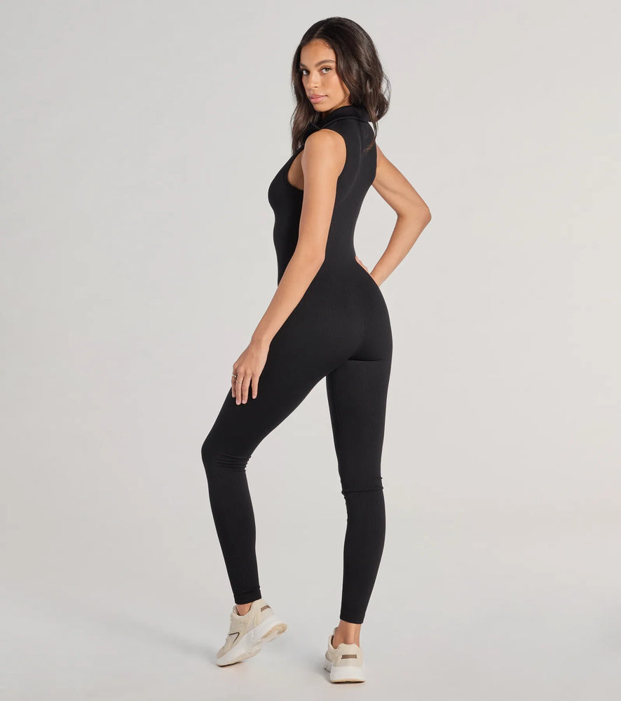 Off Duty Chic Sleeveless Collared Zip-Up Catsuit in Black