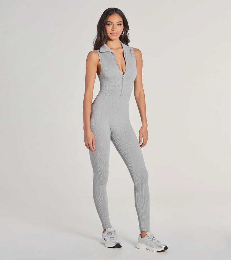 Off Duty Chic Sleeveless Collared Zip-Up Catsuit in Heathergrey