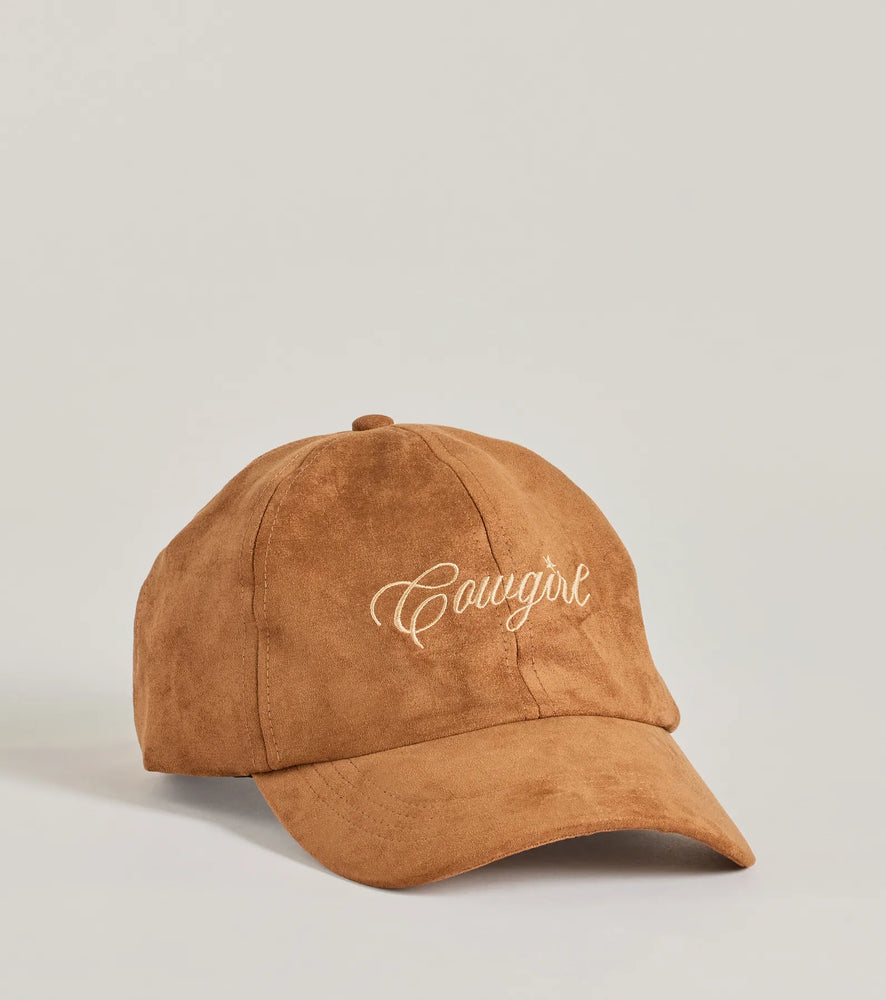 Windsor Faux Suede Cowgirl Script Baseball Cap in Cognac