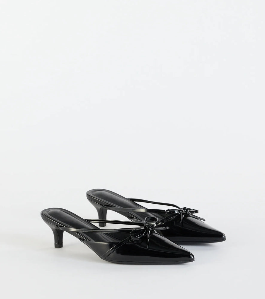 Sweetest Thing Bow Kitten Heel Mules in Black