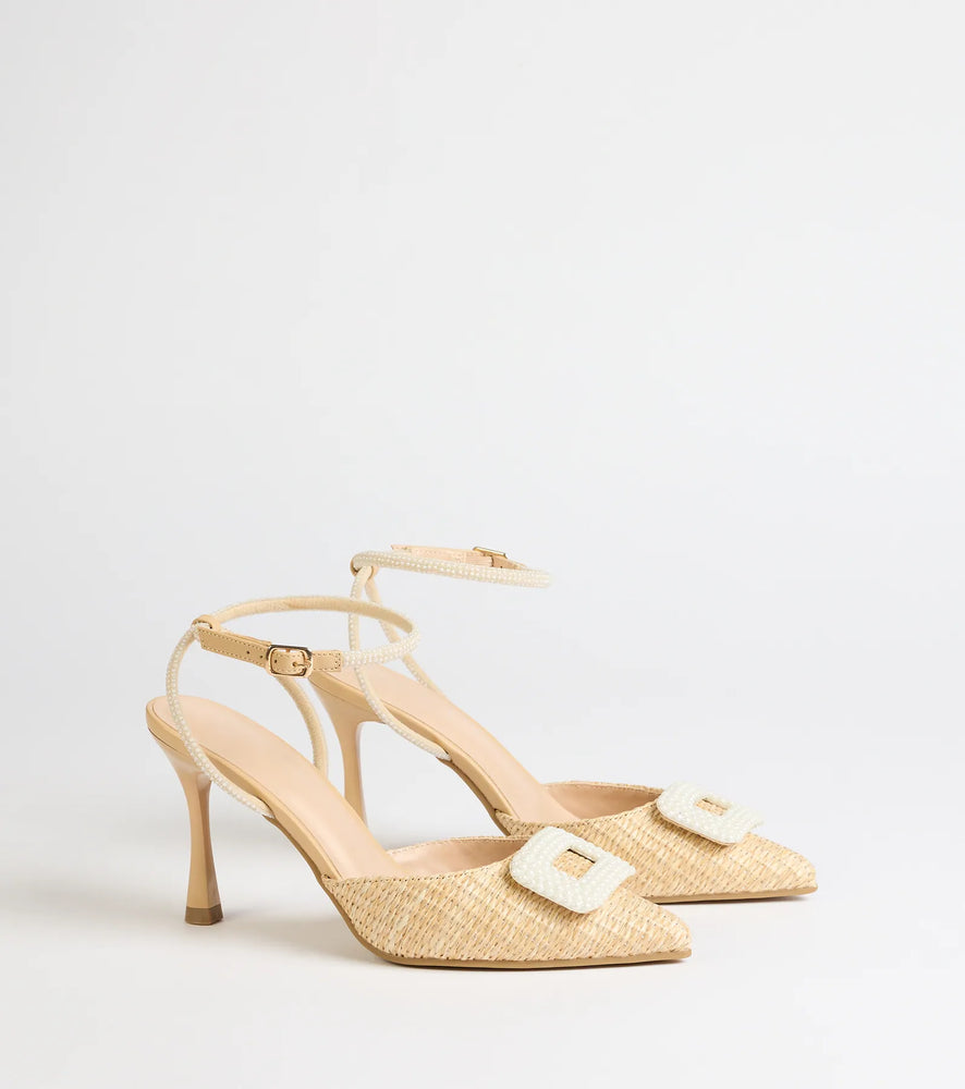 Polished Strut Faux Pearl Straw Stiletto Pumps in Ivory