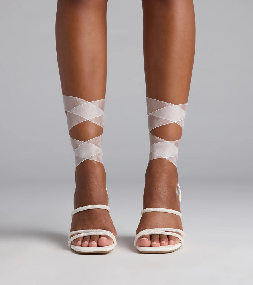 Stay Elegant Lace-Up Rhinestone Block Heels in White