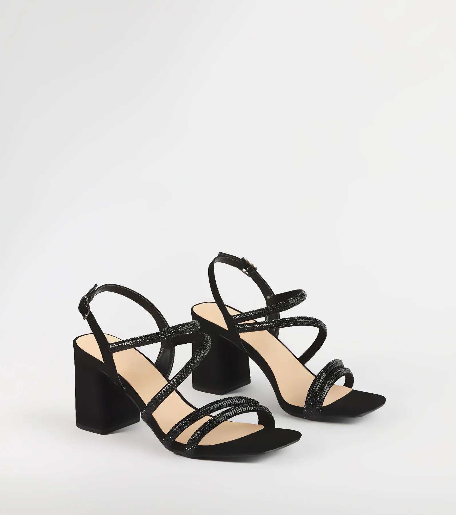 Chic Glimmer Rhinestone Strappy Block Heels in Black