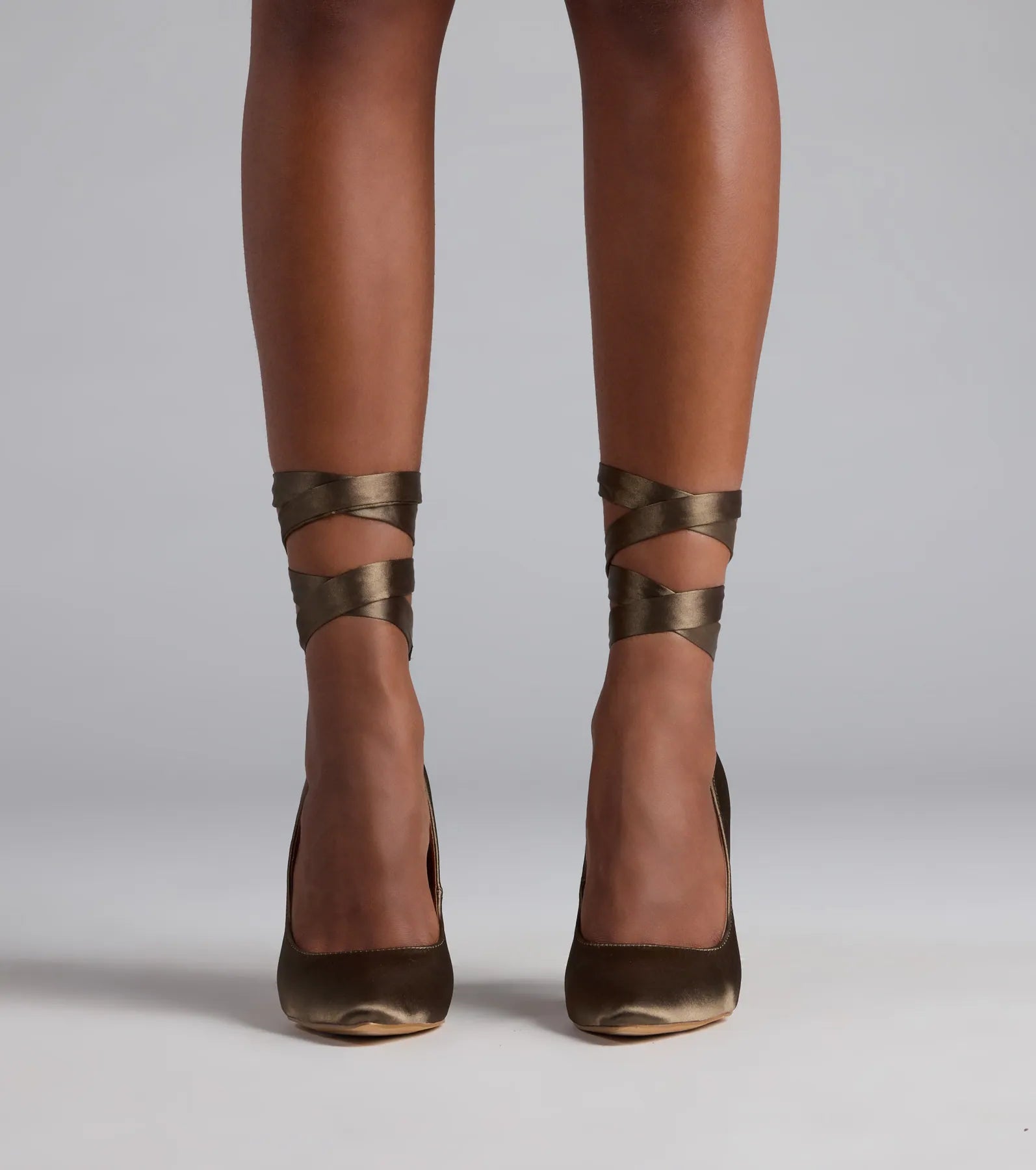 Lace Me Up Satin Stiletto Pumps in Olive
