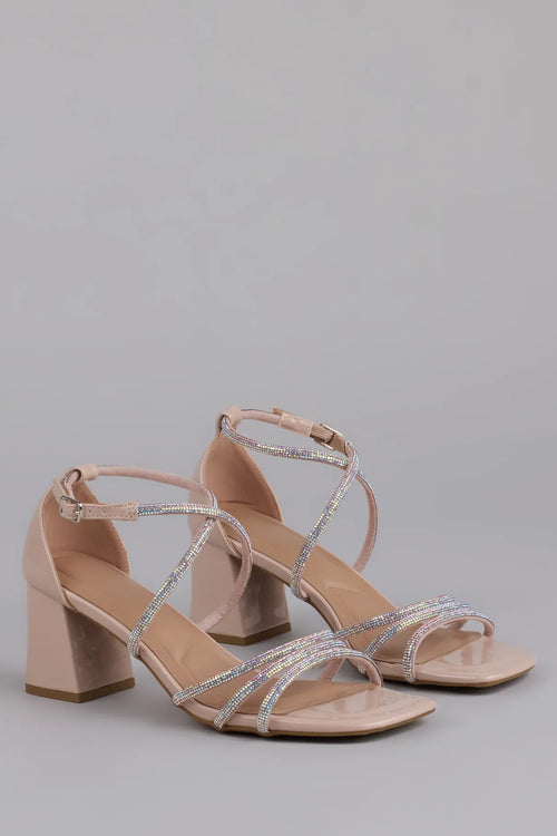 A-List Glam Rhinestone Strappy Block Heels in Beige