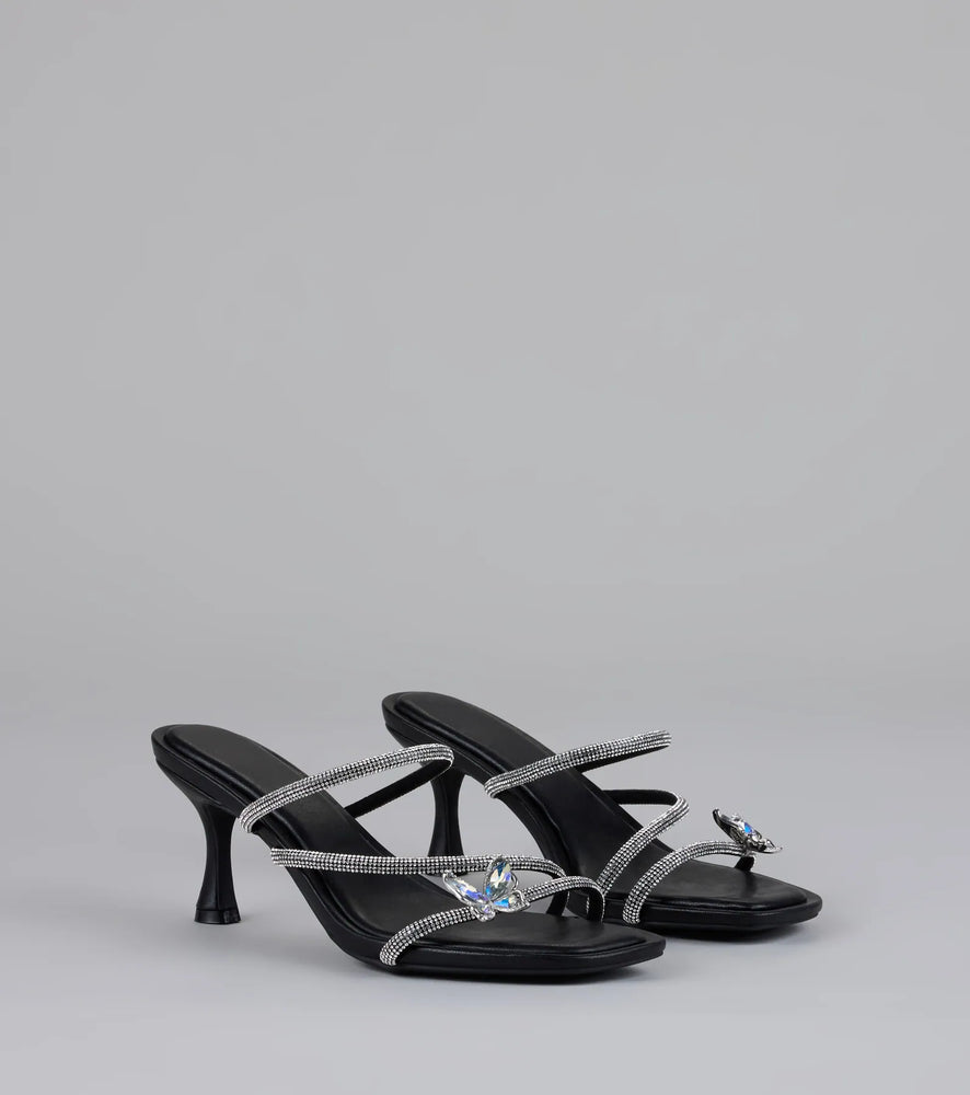 Windsor Winged Whispers Butterfly Rhinestone Mules Shoes in Black