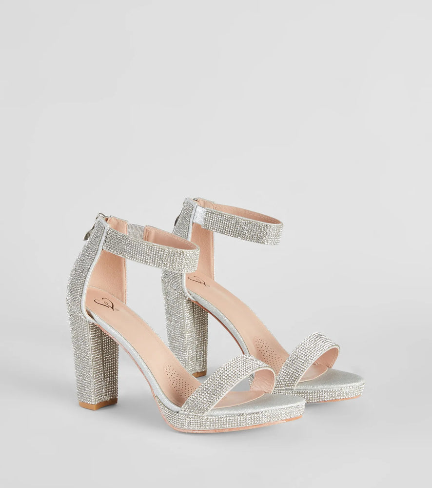Shimmer In Rhinestone Block Heels in Silver