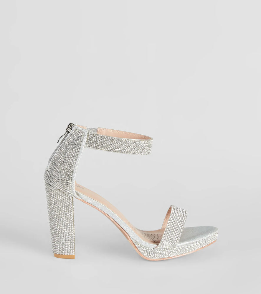 Shimmer In Rhinestone Block Heels in Silver