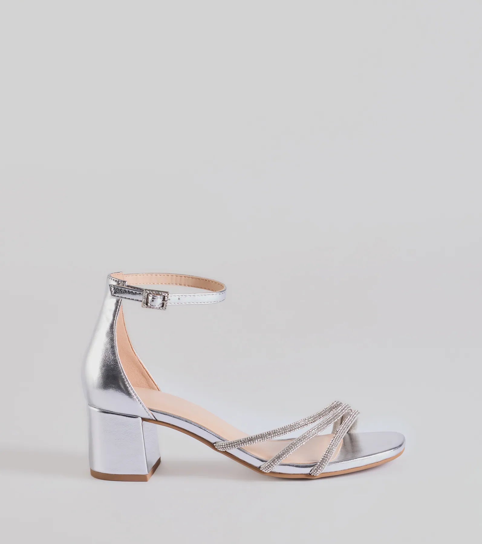 Glam Up Rhinestone Strappy Low Block Heels in Silver
