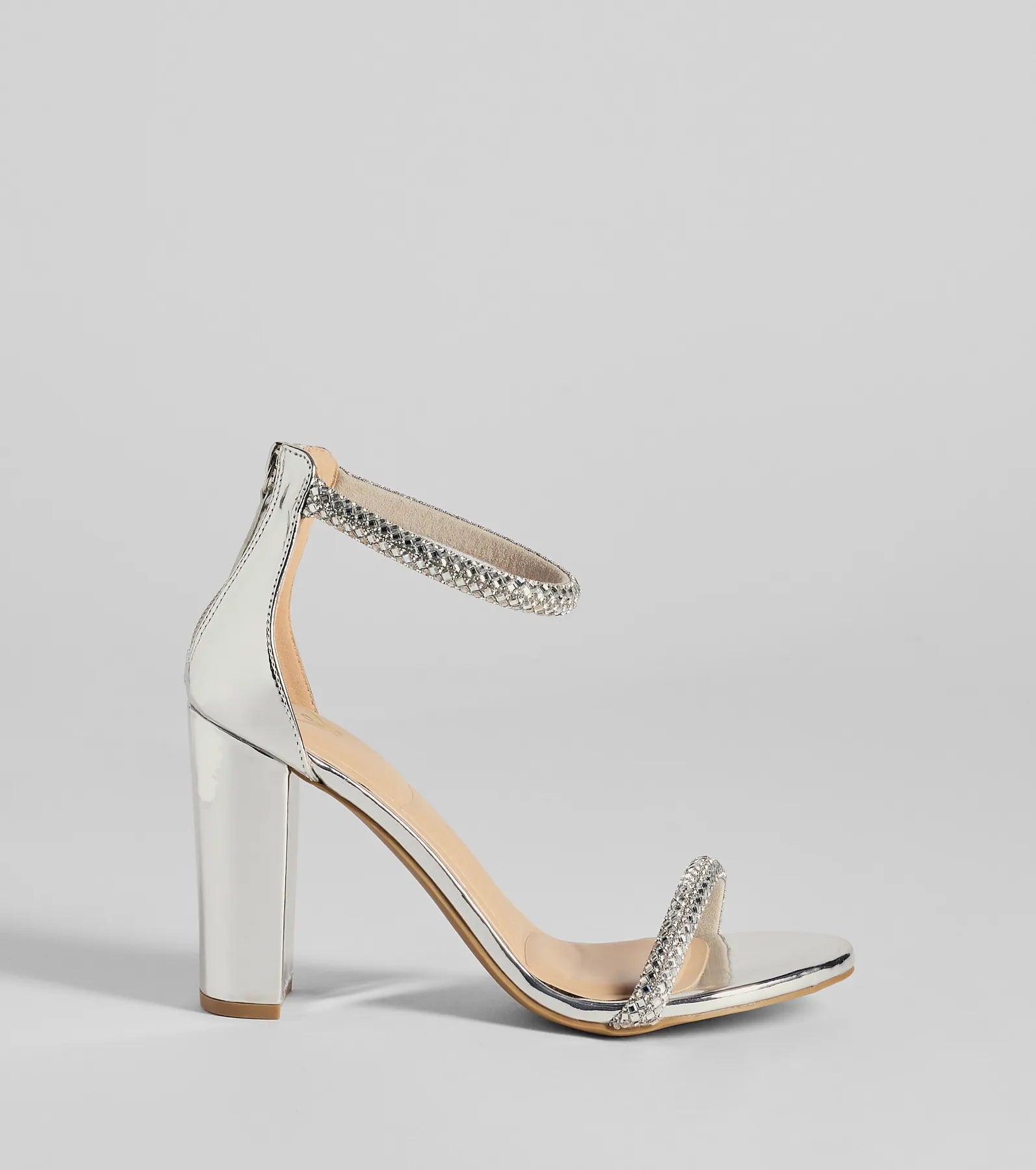 Glam Moves Rhinestone Strap Block Heels in Silver