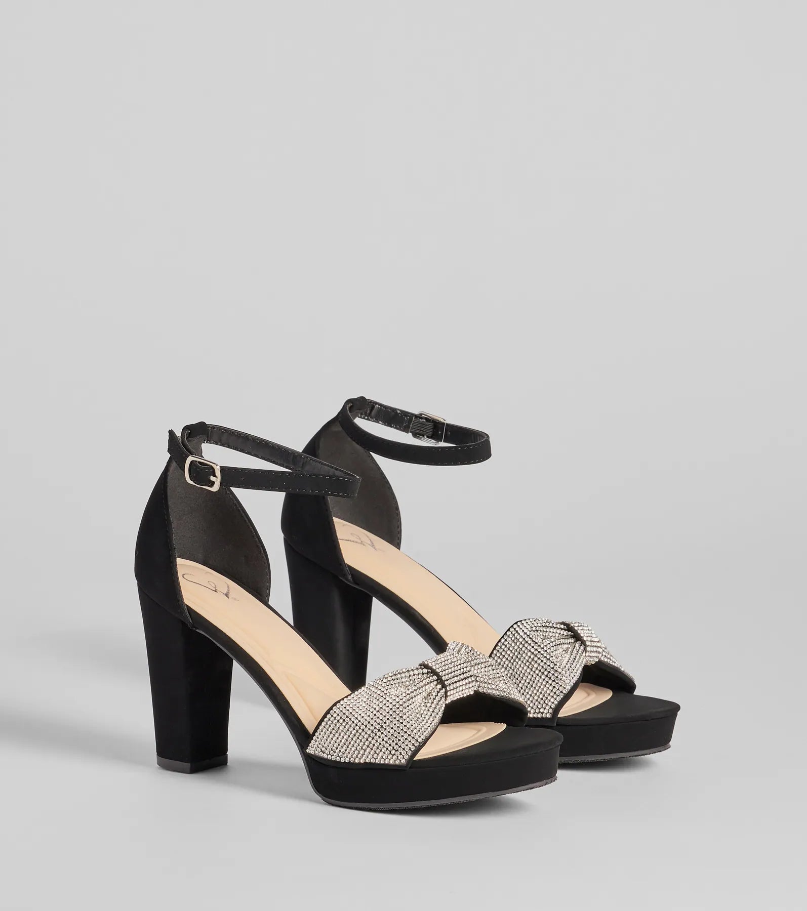 Gift Of Glam Rhinestone Bow Strap Platform Heels in Black