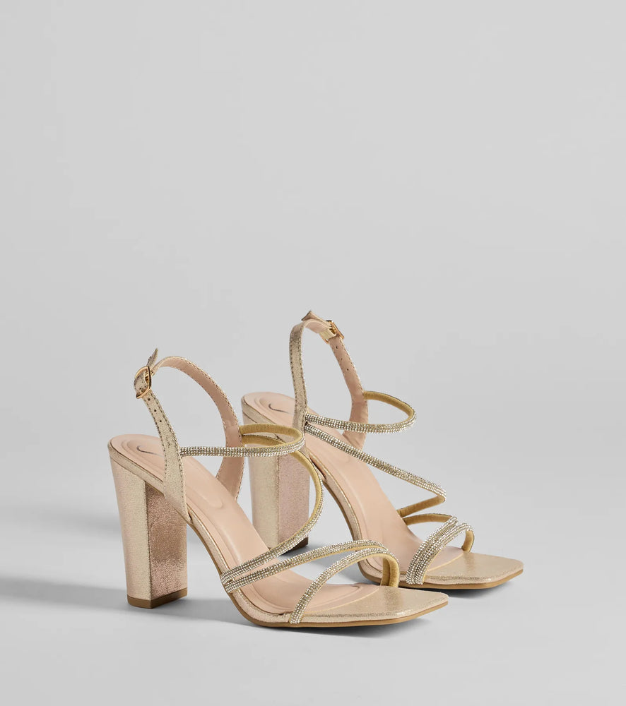 Glam Status Rhinestone Glitter Mesh Block Heels in Gold