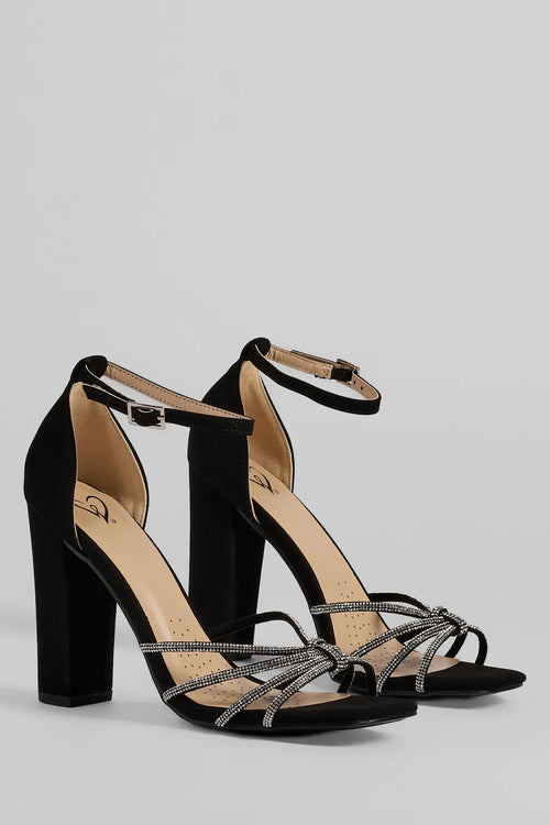 Sparkle Scene Rhinestone Strappy Faux Leather Block Heels in Black