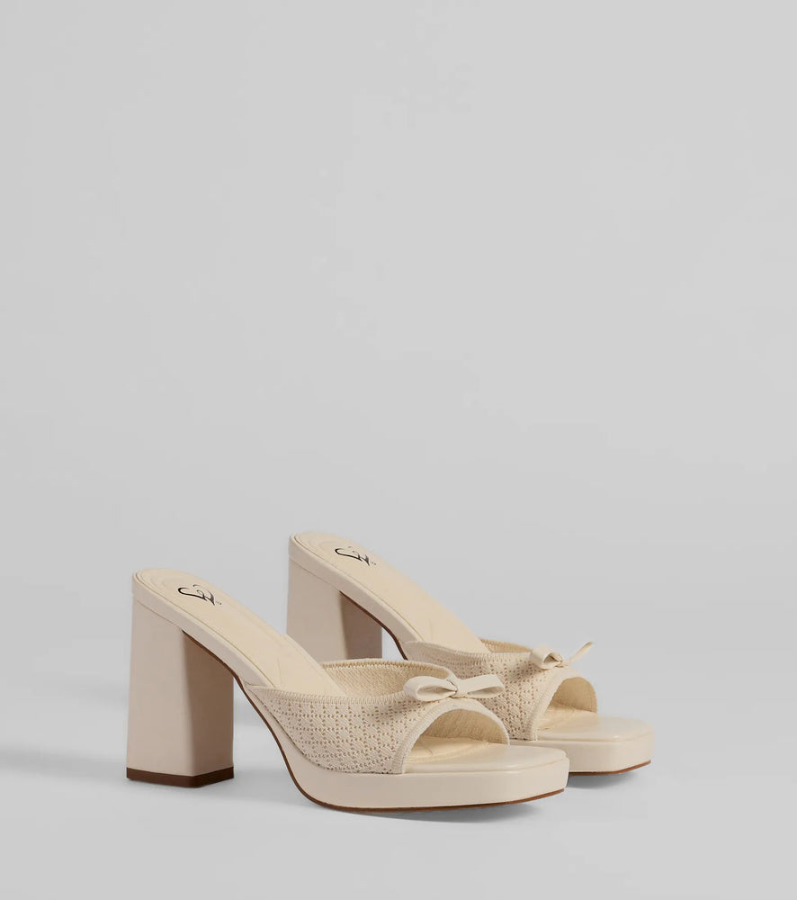 Cute Vibes Bow Platform Knit Mules Shoes in Ivory