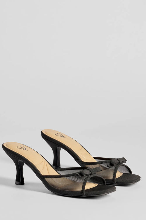 Adorable Bow Mesh Strap Stiletto Mules Shoes in Black