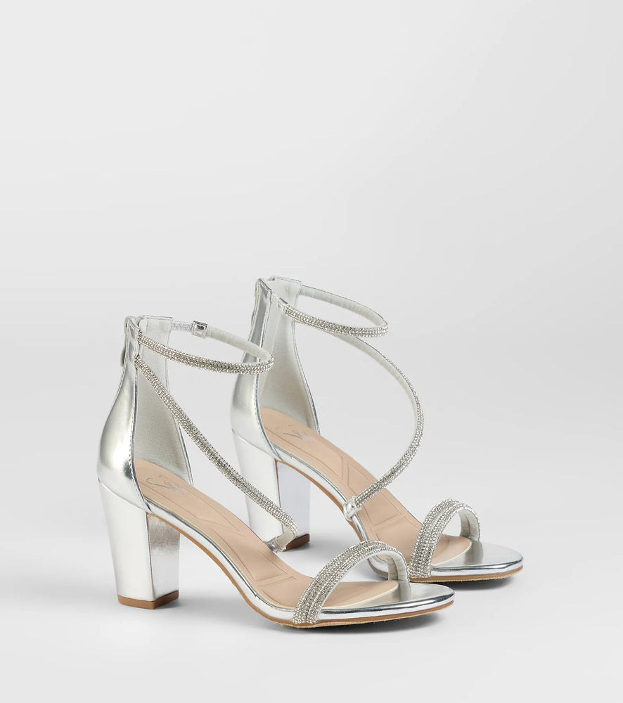 Love To Sparkle Rhinestone Strap Block Heels in Silver