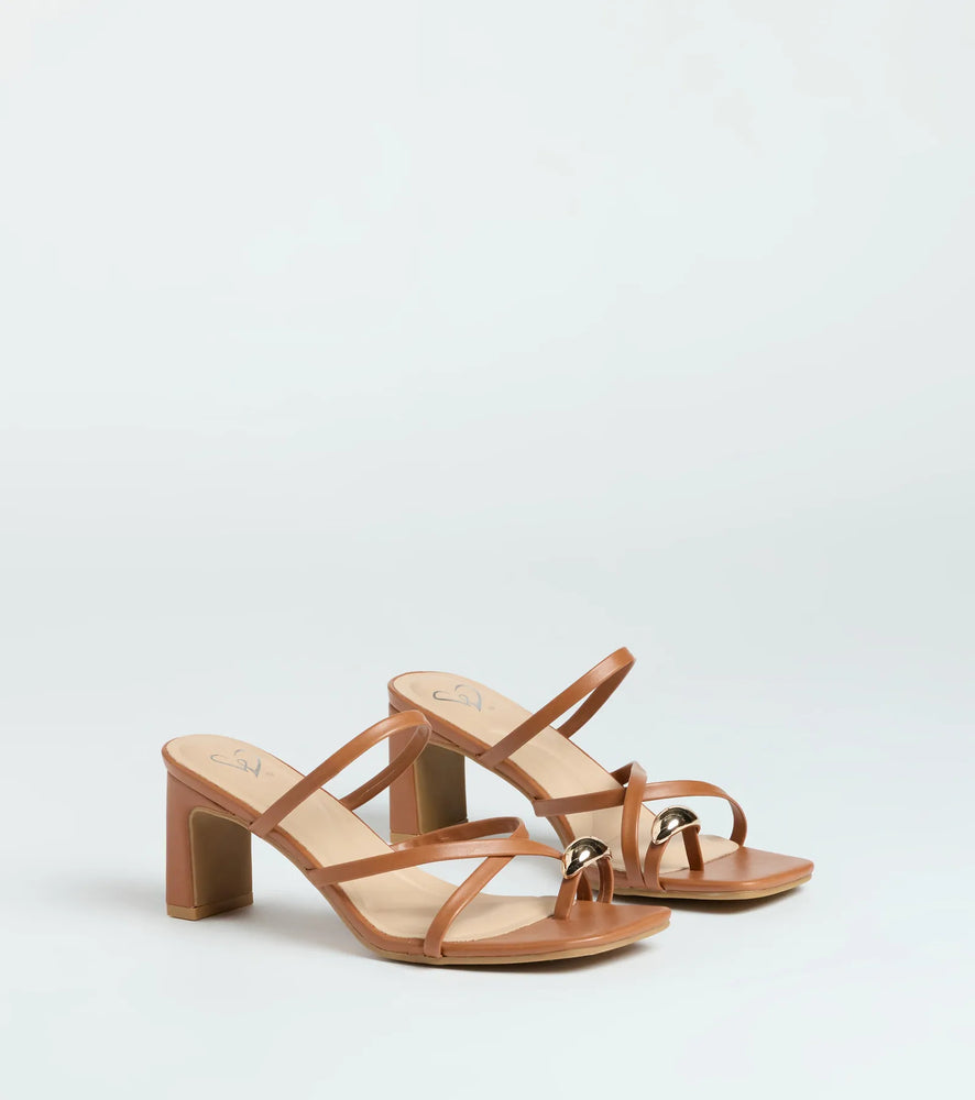 Sweet Attraction Toe Ring Strappy Block Heels in Tan
