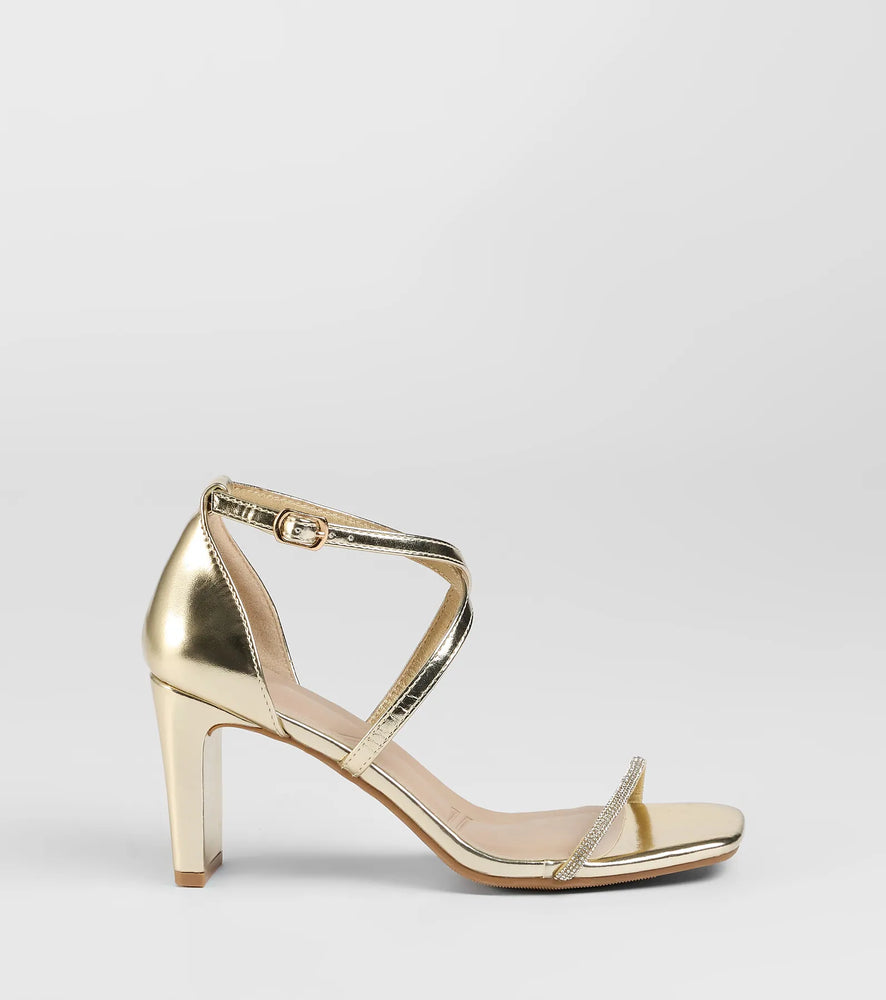 Pure Magic Rhinestone Metallic Block Heels in Gold