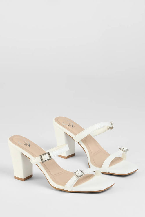 On The Down Low Rhinestone Buckle Mules Shoes in White