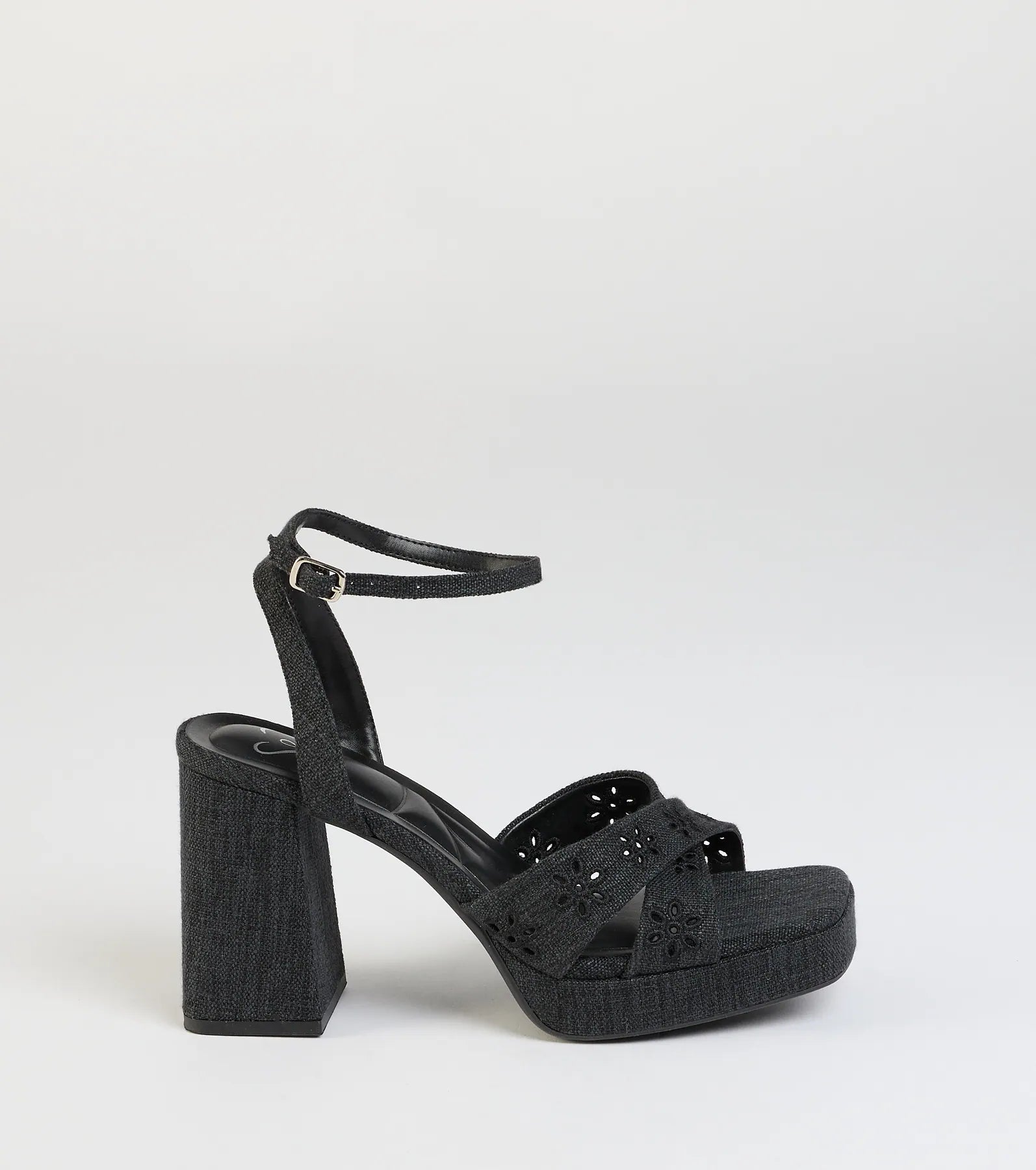 Darling Sunshine Eyelet Platform Block Heels in Black