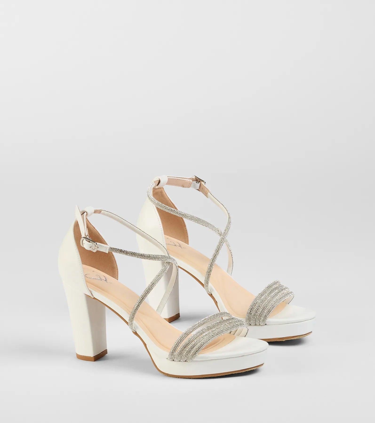 Night Shimmer Rhinestone Platform Block Heels in White