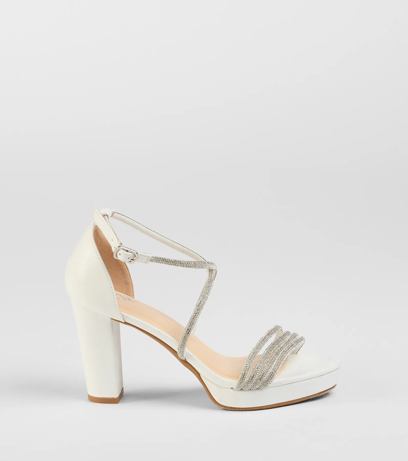 Night Shimmer Rhinestone Platform Block Heels in White