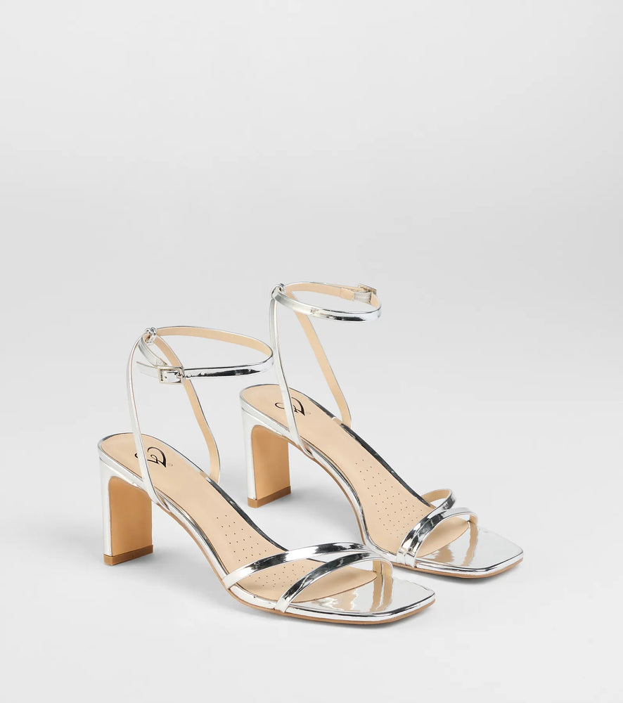 So Obsessed Metallic Strappy Block Heels in Silver