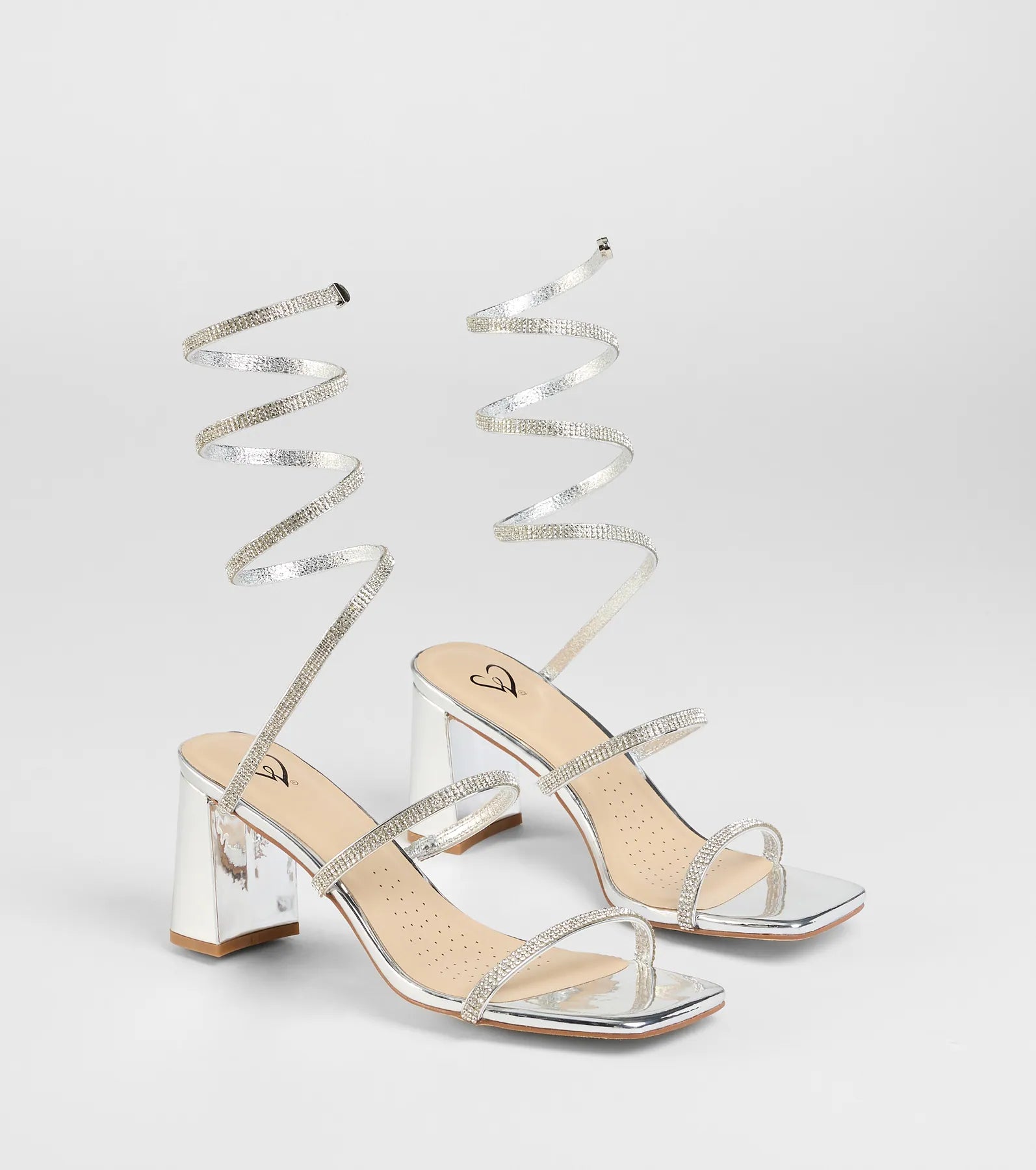 Sparkle And Shine Rhinestone Spiral Block Heels in Silver