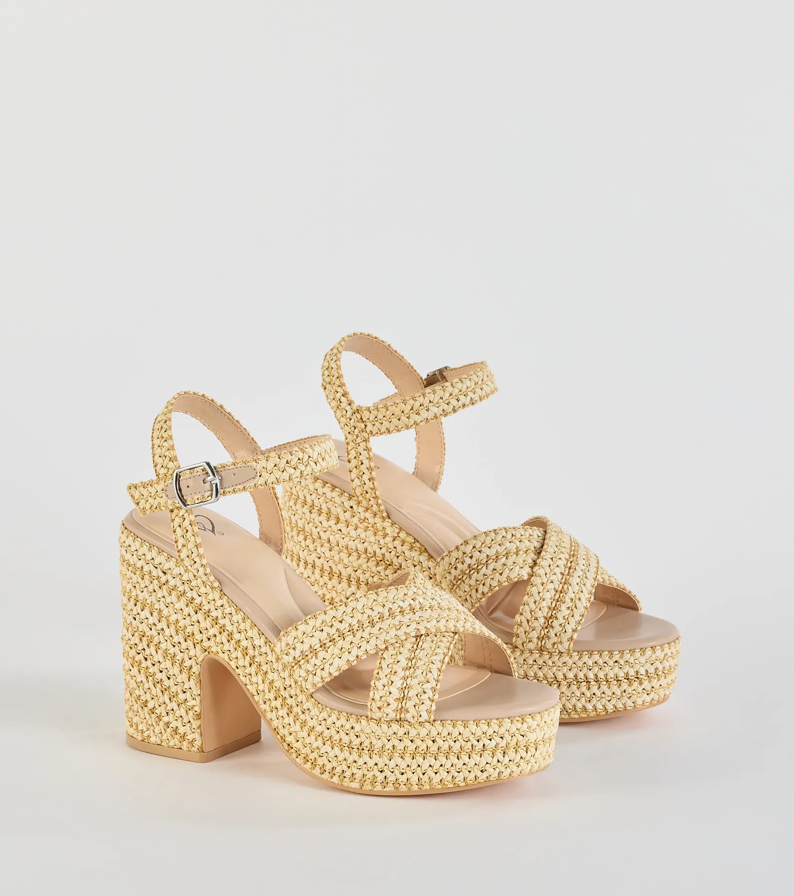 Fun In The Sun Raffia Platform Block Heels in Beige