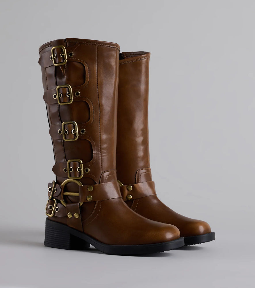 Totally Edgy Buckled Square Toe Boots in Camel