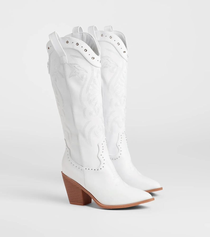 Windsor Edgy Western Vibe Studded Cowboy Boots in White