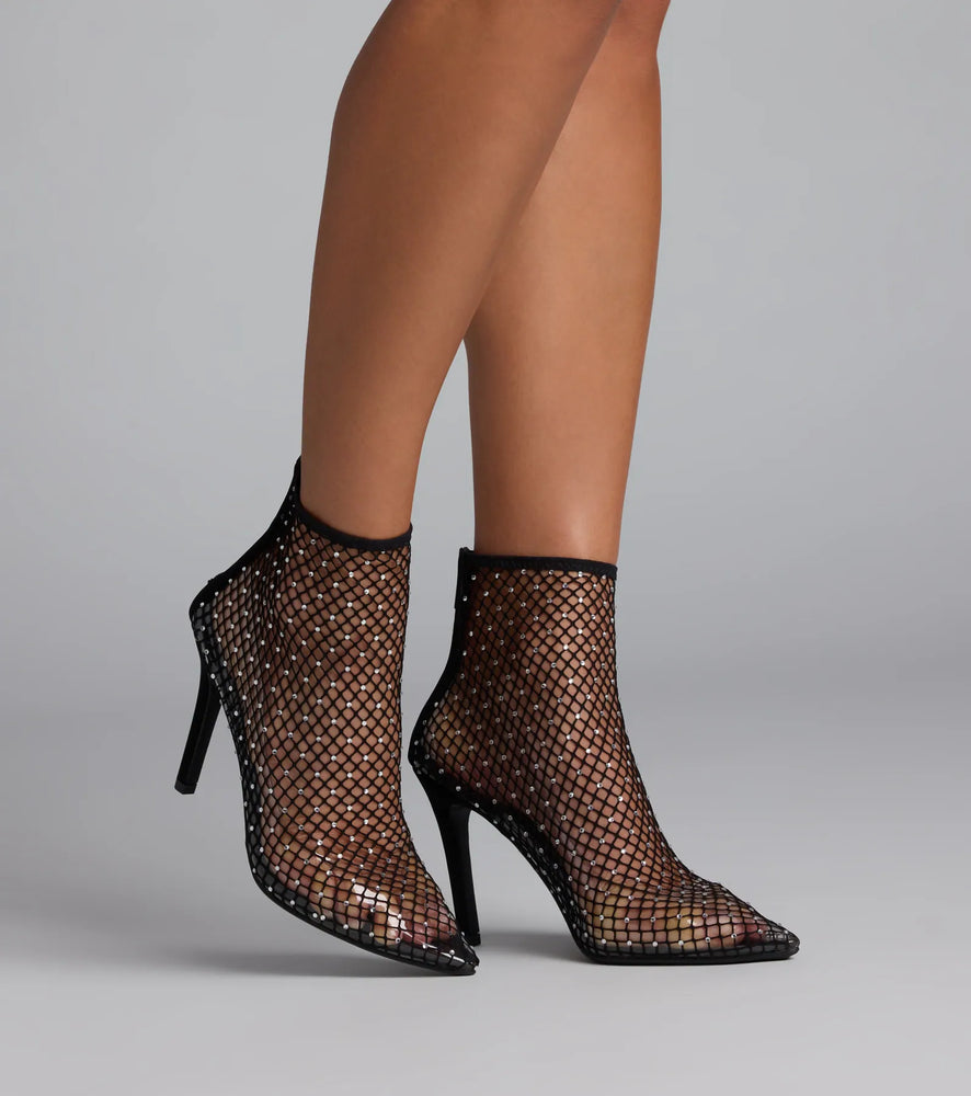 Up To No Good Rhinestone Fishnet Booties in Black