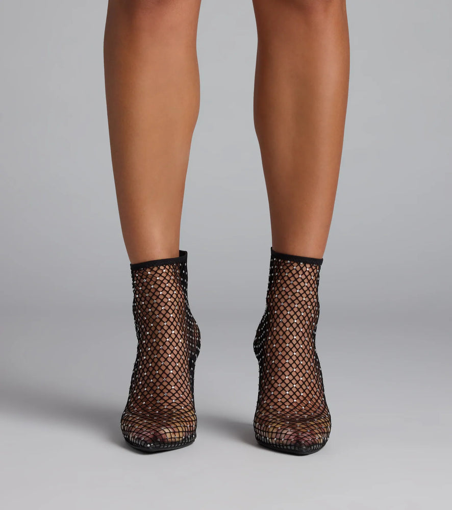 Up To No Good Rhinestone Fishnet Booties in Black