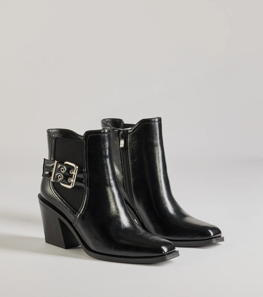 Edgy Fave Buckle Strap Faux Leather Ankle Booties in Black