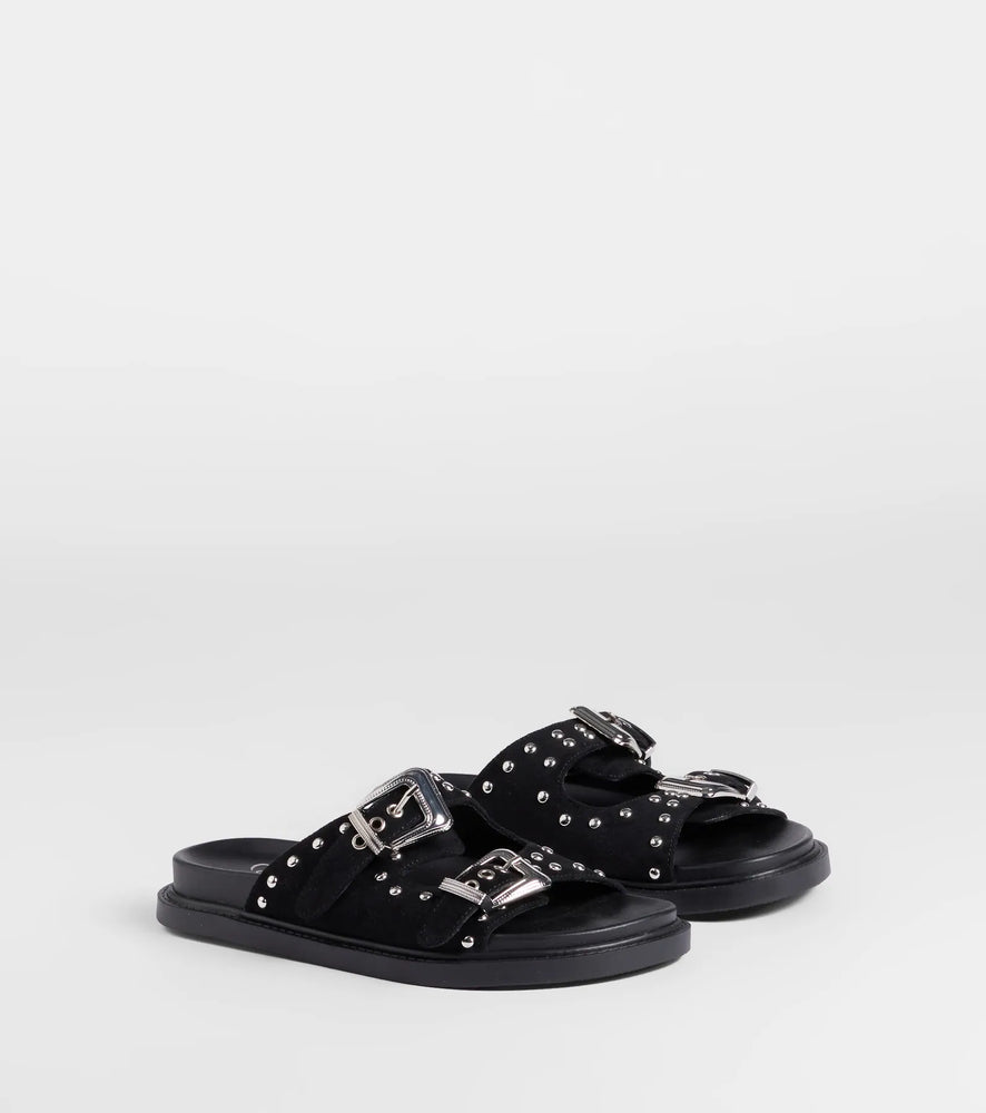 Cool Girl Studded Western Buckle Sandals in Black