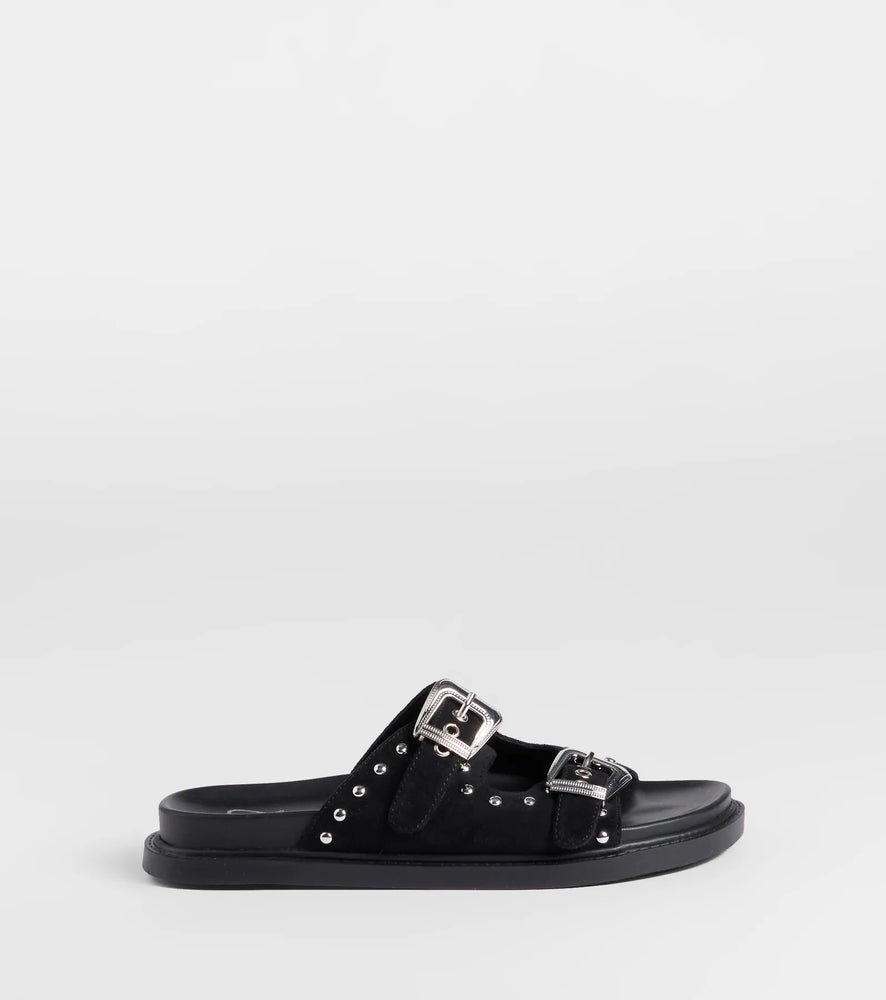 Cool Girl Studded Western Buckle Sandals in Black