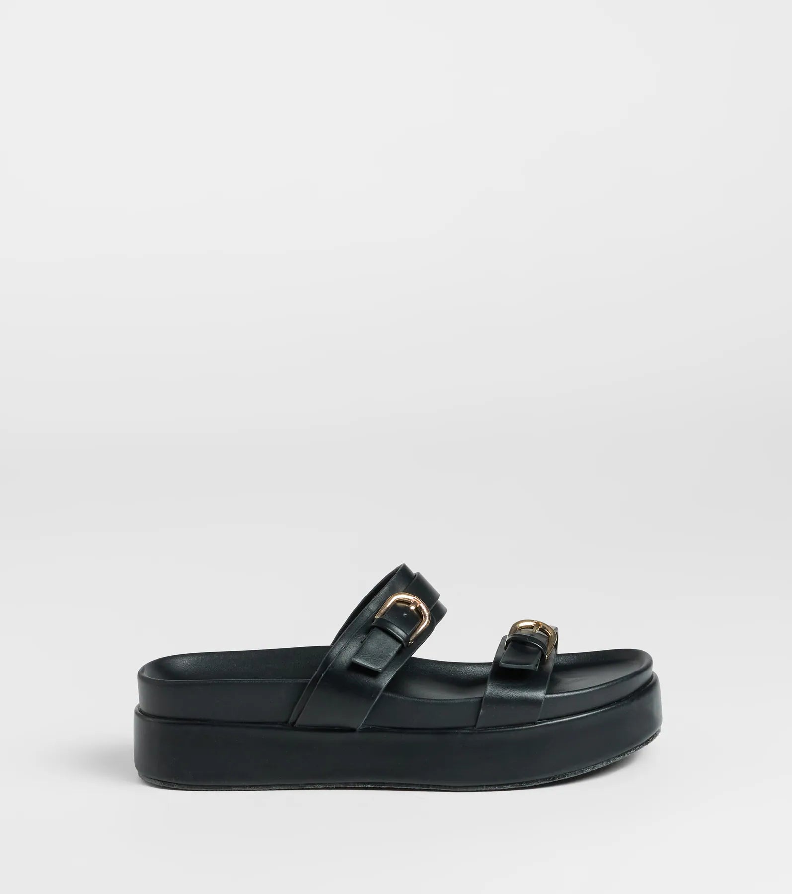 On A New Level Buckle Strappy Platform Sandals in Black