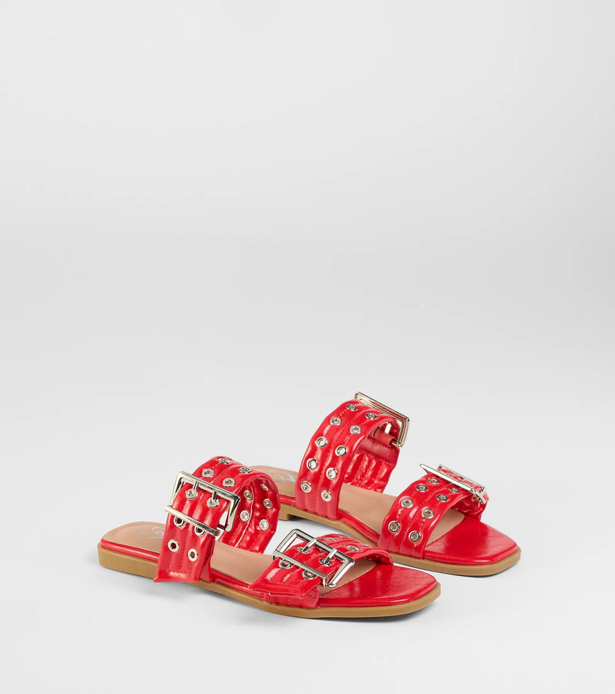Get It Girl Buckle Strappy Sandals in Red