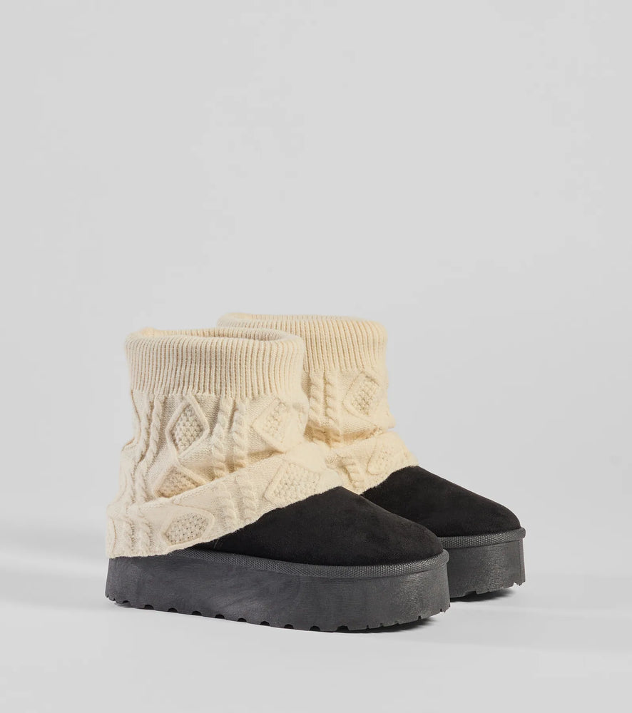 Cozy Vibes Cable Knit Platform Slippers Shoes in Black
