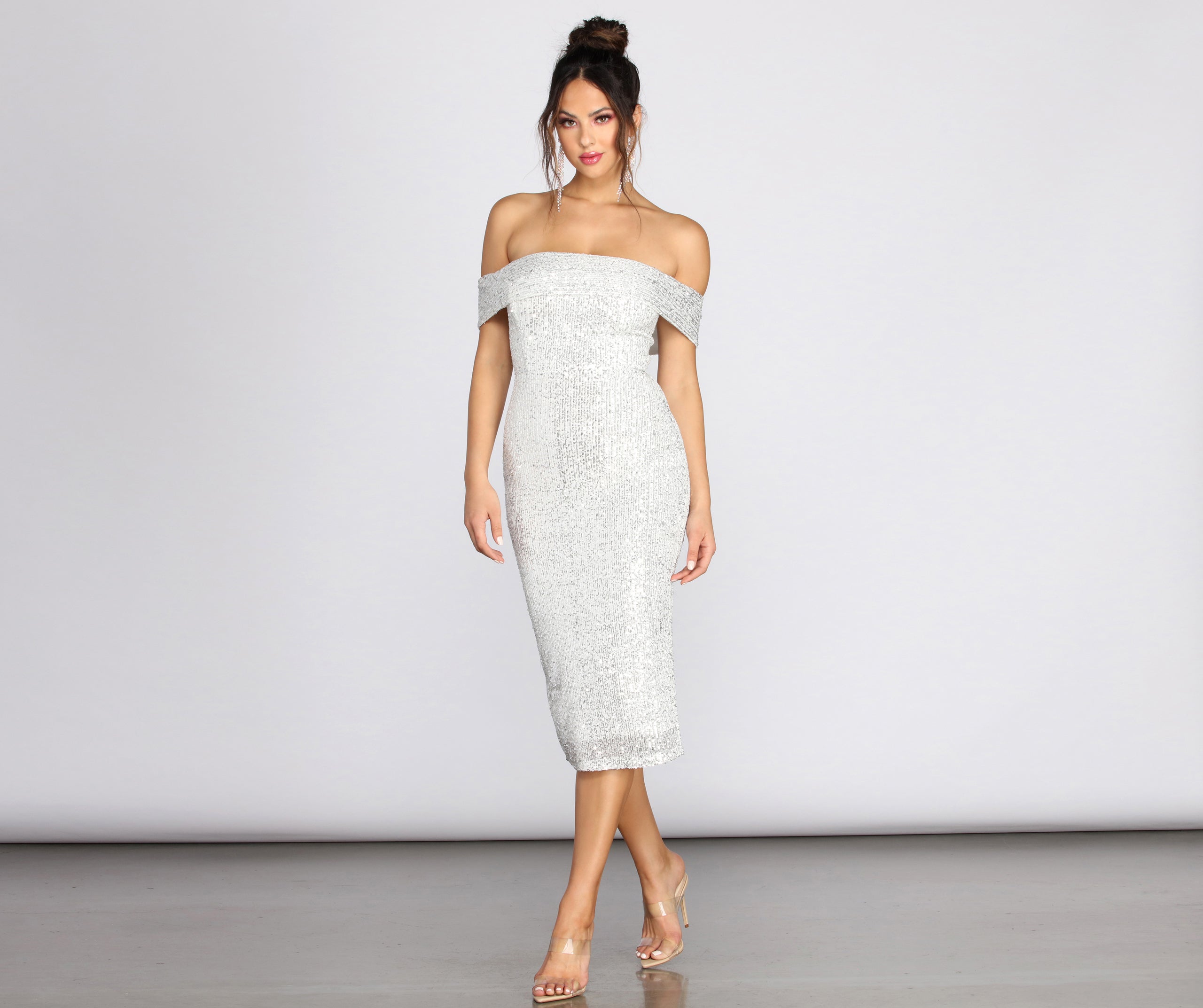 off shoulder midi cocktail dress