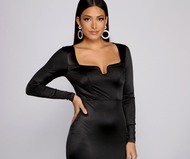 Addison Stretch Satin Long Sleeve Midi Dress & Windsor