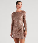 Short Round Neck Knit Back Zipper Sheer Fitted Sequined Mesh Embroidered Party Dress