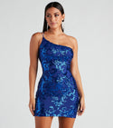 General Print Short Mesh Open-Back Sequined One Shoulder Spaghetti Strap Bodycon Dress/Homecoming Dress/Party Dress
