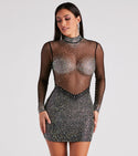 Mesh Sheer Fitted Mock Neck Long Sleeves Short Bodycon Dress/Party Dress With Rhinestones